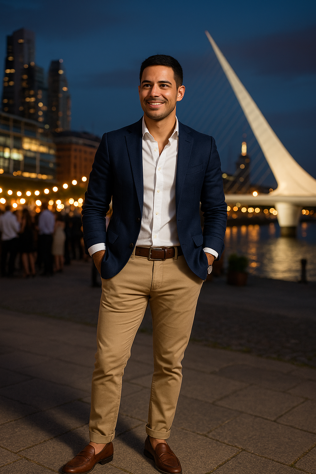 Saco azul con pantalón beige